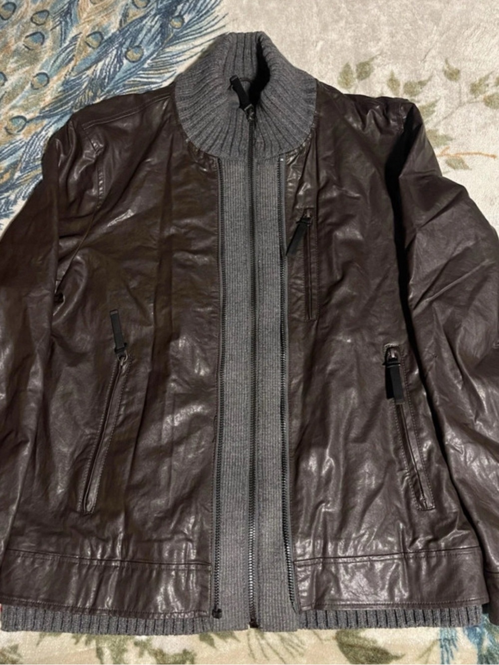 Black Rivet Brown Leather Bomber Jacket with Gray Knit Trim